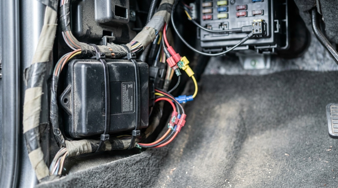 Hardwired dealer GPS tracker zip-tied to factory wiring behind a truck kick panel