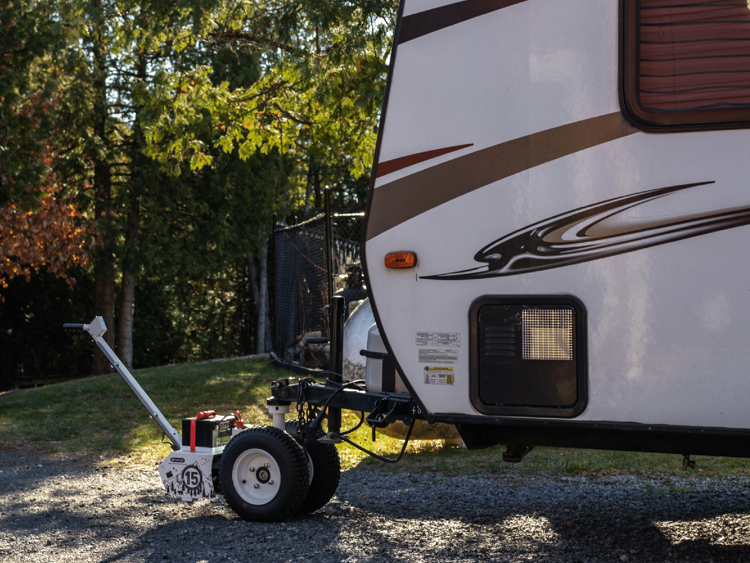 Parkit360 Force 5K In Use Parkit360 Force 5K trailer dolly moving a camper trailer