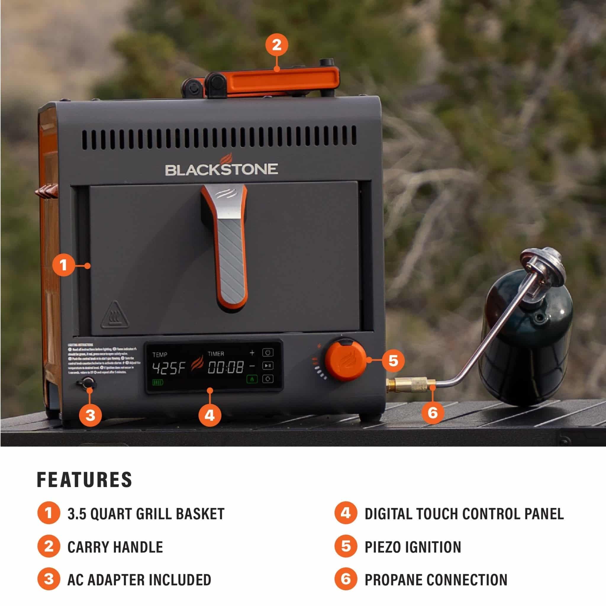 Blackstone portable air fryer with cooked food showing camp cooking capability