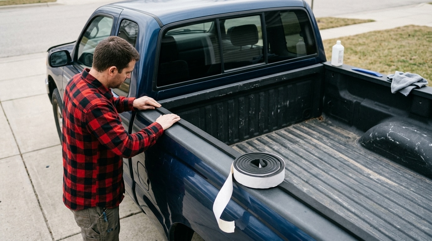 A man applying weather sealing on the top of a pickup truck bed 
