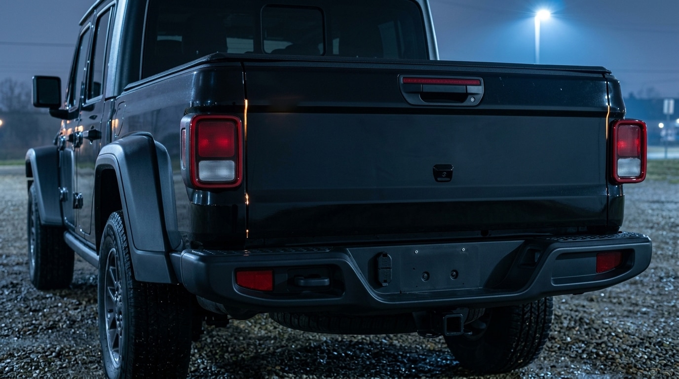 Back end of Jeep Gladiator showing light bleeding through cracks of tailgate