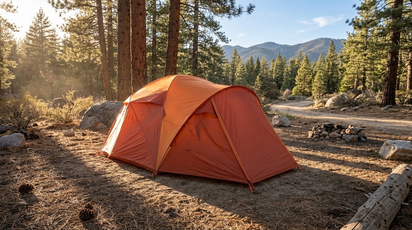 Marmot Halo 6P tent in a forest with trees around it closed up