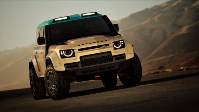 Land Rover Defender Dakar driving over a desert