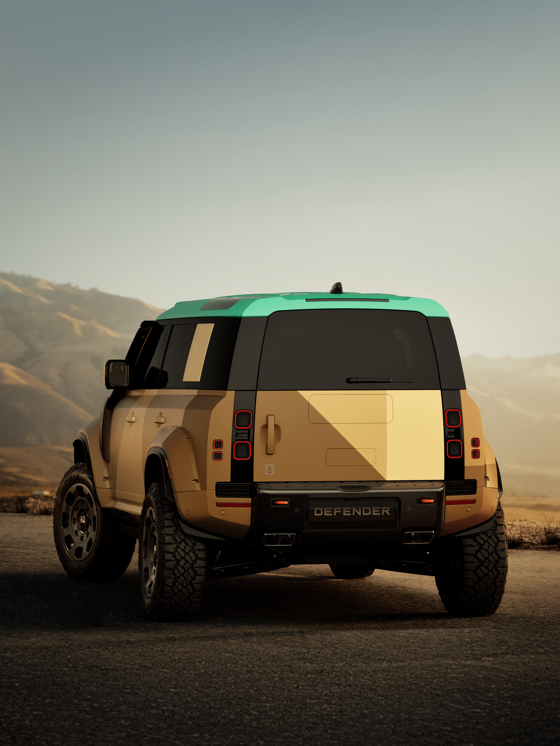Backside of the upcoming Land Rover Defender Dakar in a desert environment