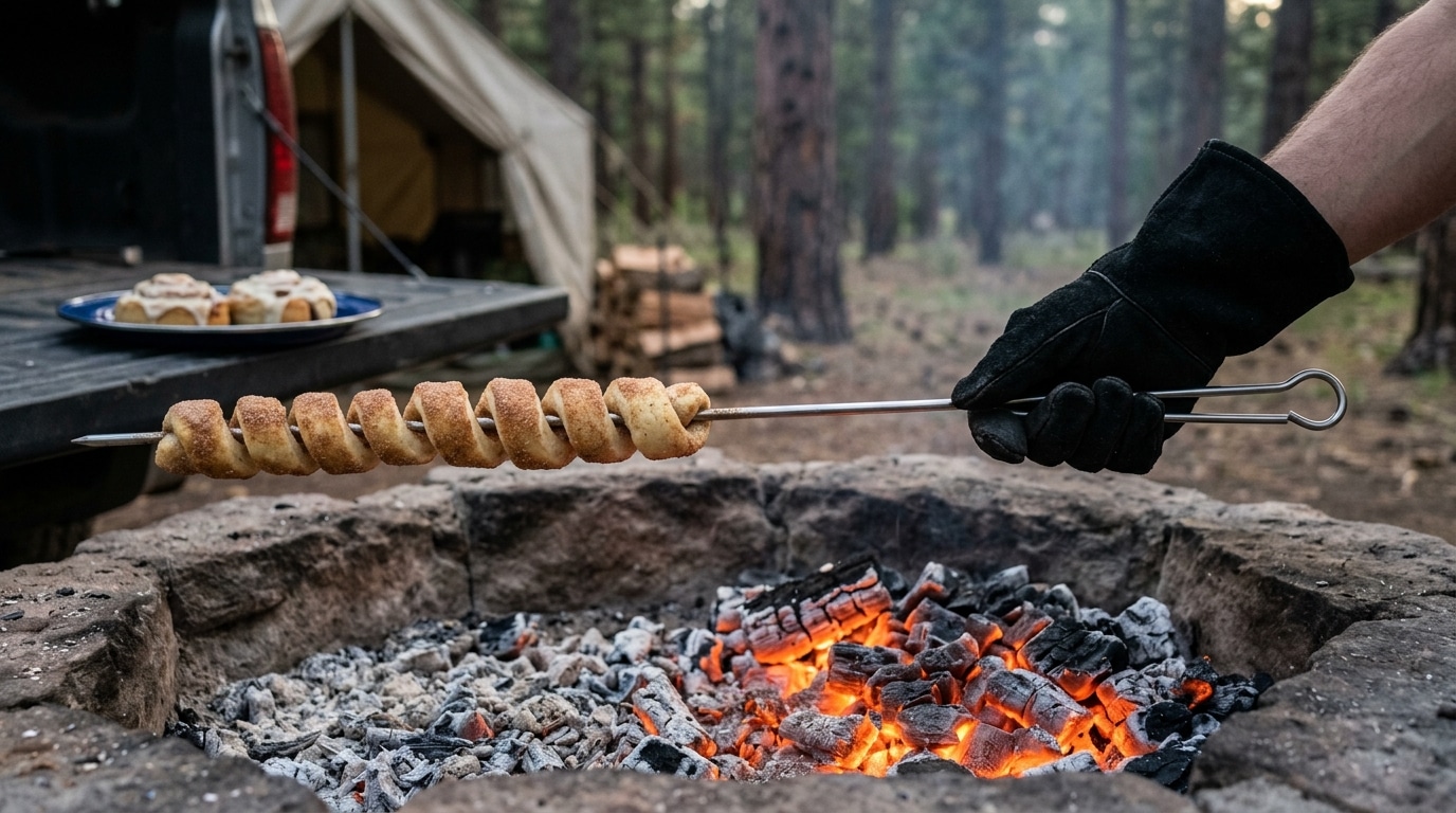 Rotating campfire cinnamon rollups on a skewer above medium coals