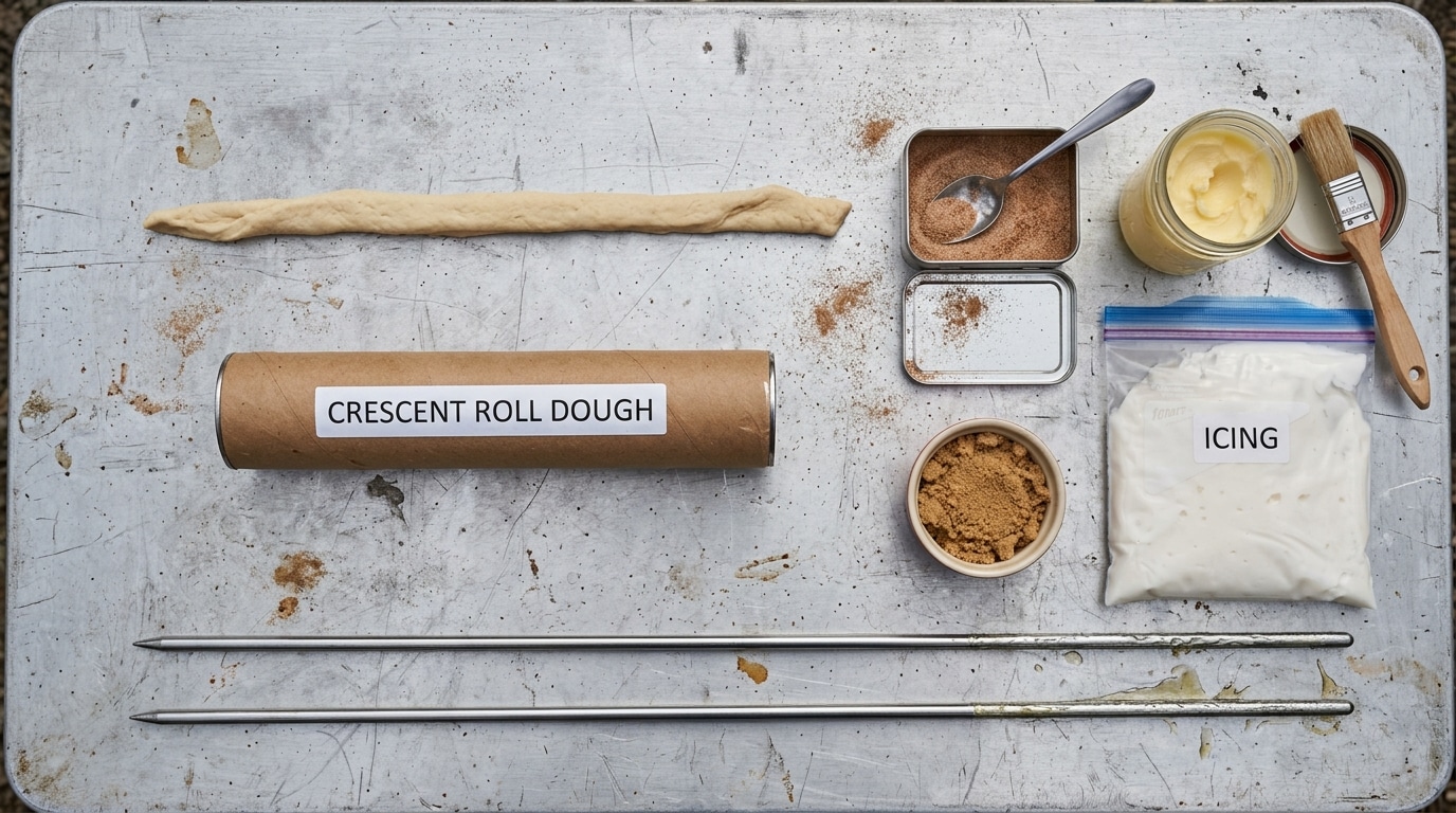 Campfire cinnamon rollups baked on sticks and piped with icing through the hollow center