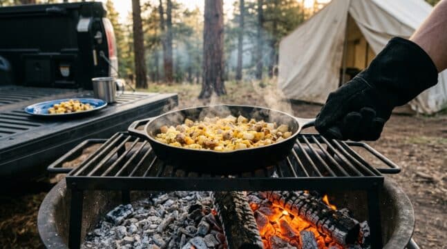 Lifting the campfire breakfast skillet off the grate to serve at base camp