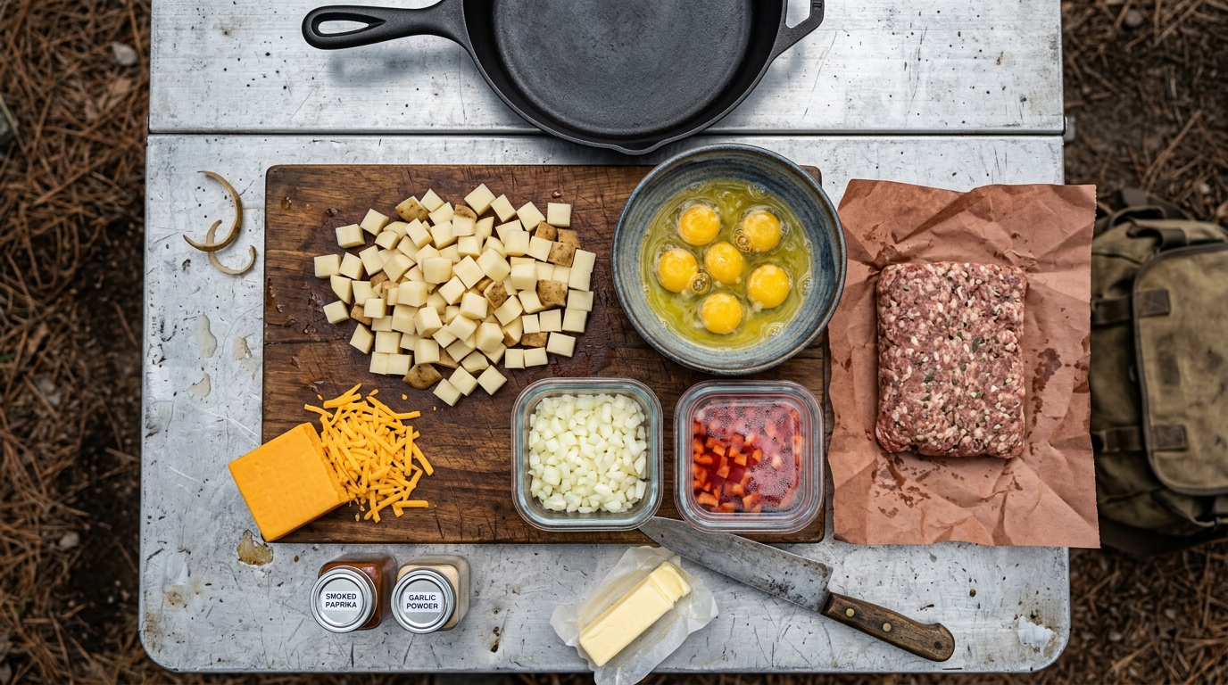 Diced potatoes, eggs, and sausage prepped at home for a campfire breakfast skillet