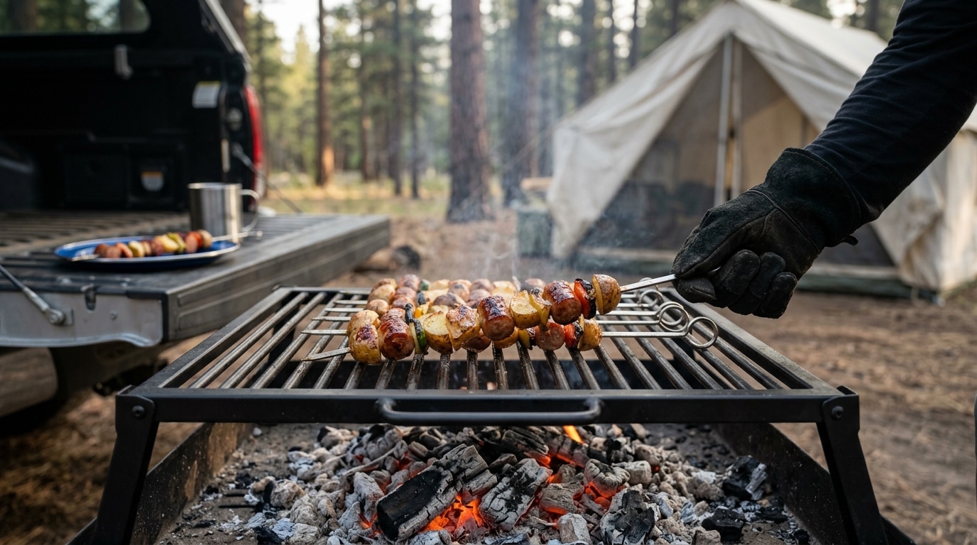 Lifting a campfire breakfast skewer off the grate to serve at base camp