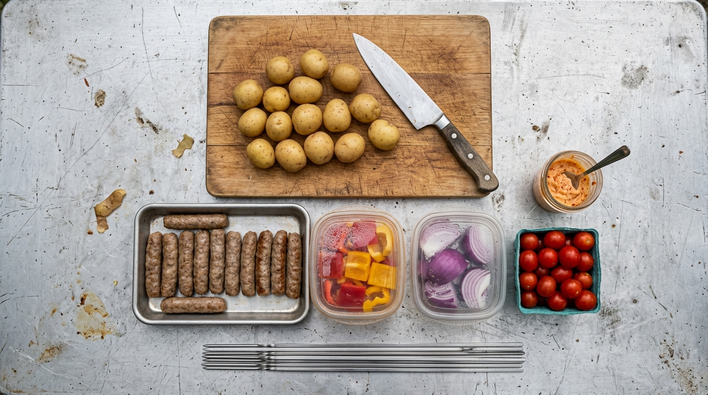 Sausage, par-boiled potatoes, and peppers prepped at home for campfire breakfast skewers