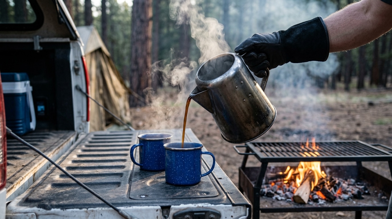 Pouring a cowboy coffee recipe slow and low into an enamel mug at camp