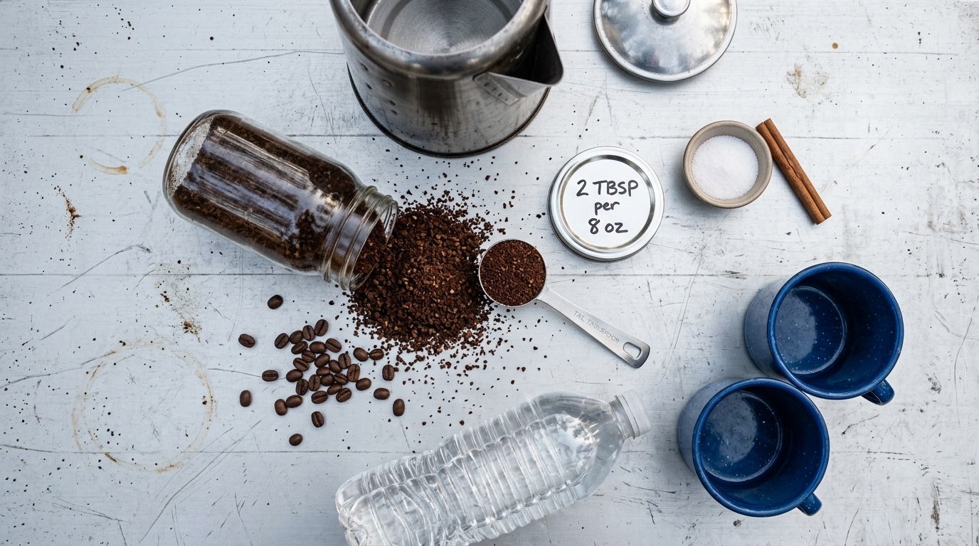 Coarse grounds and gear measured out for a cowboy coffee recipe before the trip