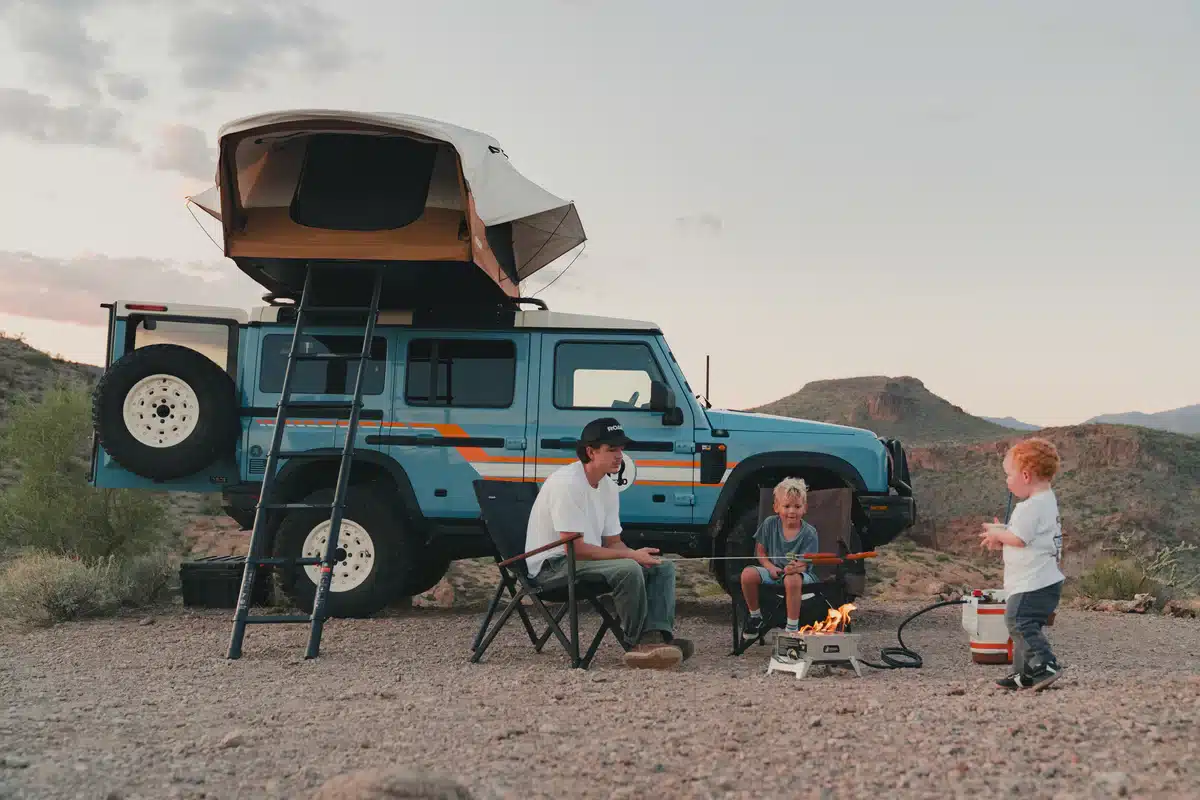 Vagabond 2.0 Rooftop Tent deployed on the top of an ineos grenadier