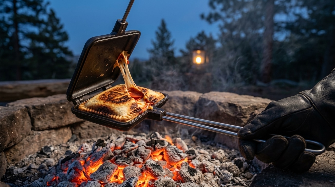 Gloved hand opening a cast iron pie iron over glowing coals to reveal a golden pizza pocket with a melted mozzarella cheese pull.