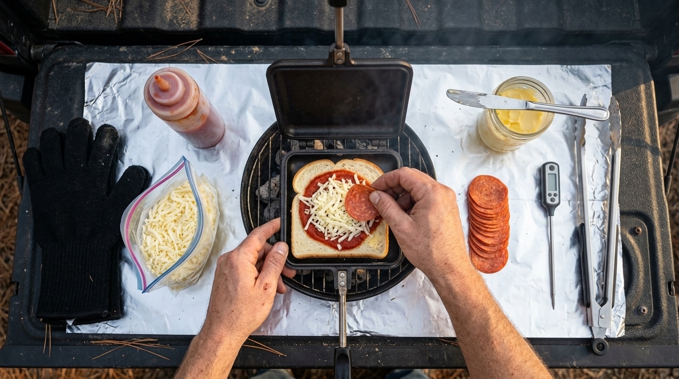 Buttered bread in an open square pie iron loaded with pizza sauce, shredded mozzarella, and pepperoni on a foil covered tailgate.