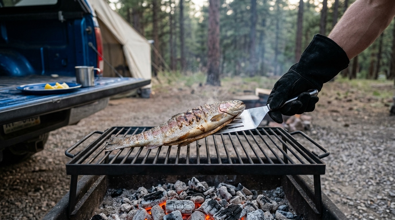 Sliding a spatula under campfire trout on the grate for the single flip