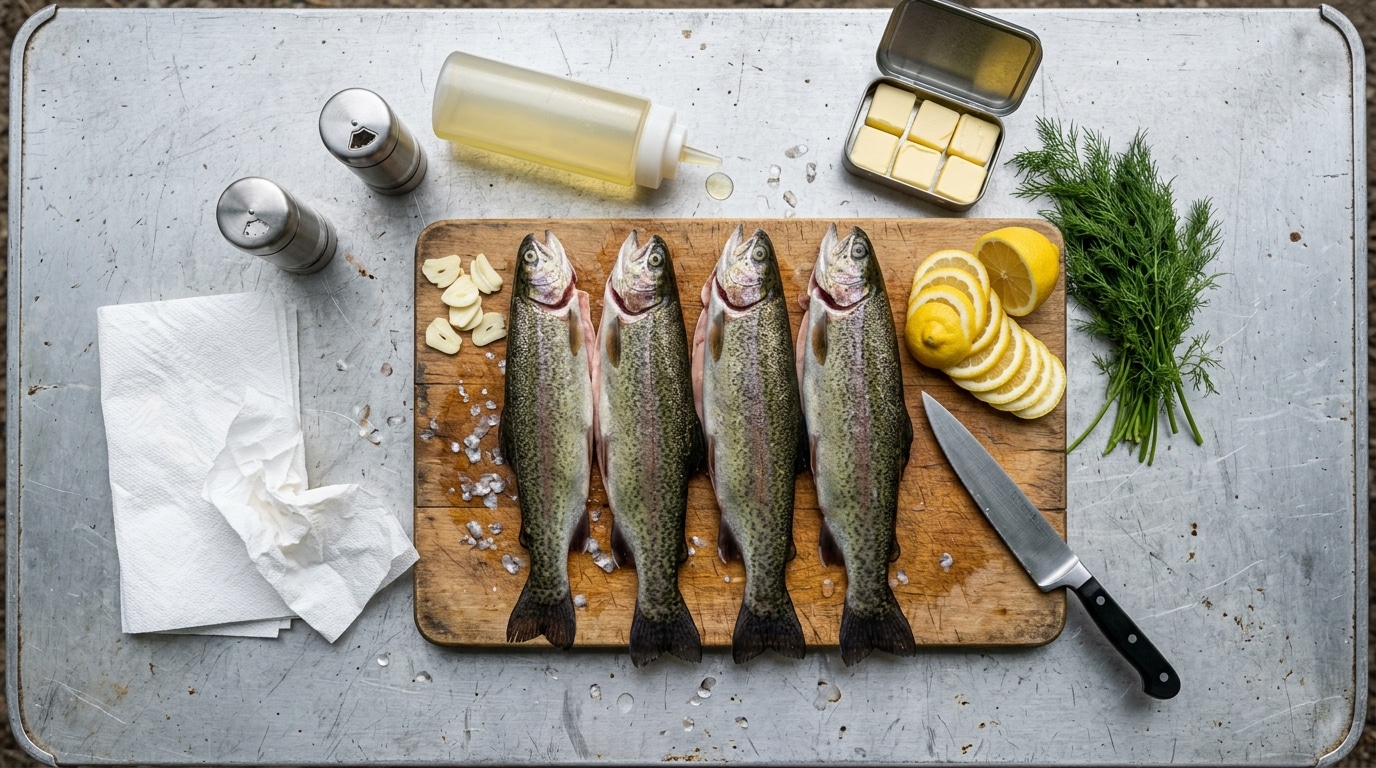 Whole trout, lemon rounds, butter, and dill prepped at home for campfire trout