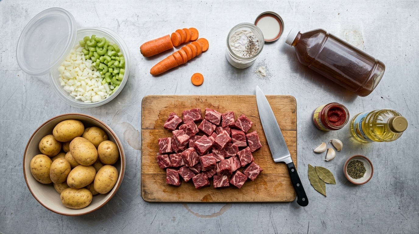 Beef chuck cubes, potatoes, and carrots prepped at home for campfire tripod stew