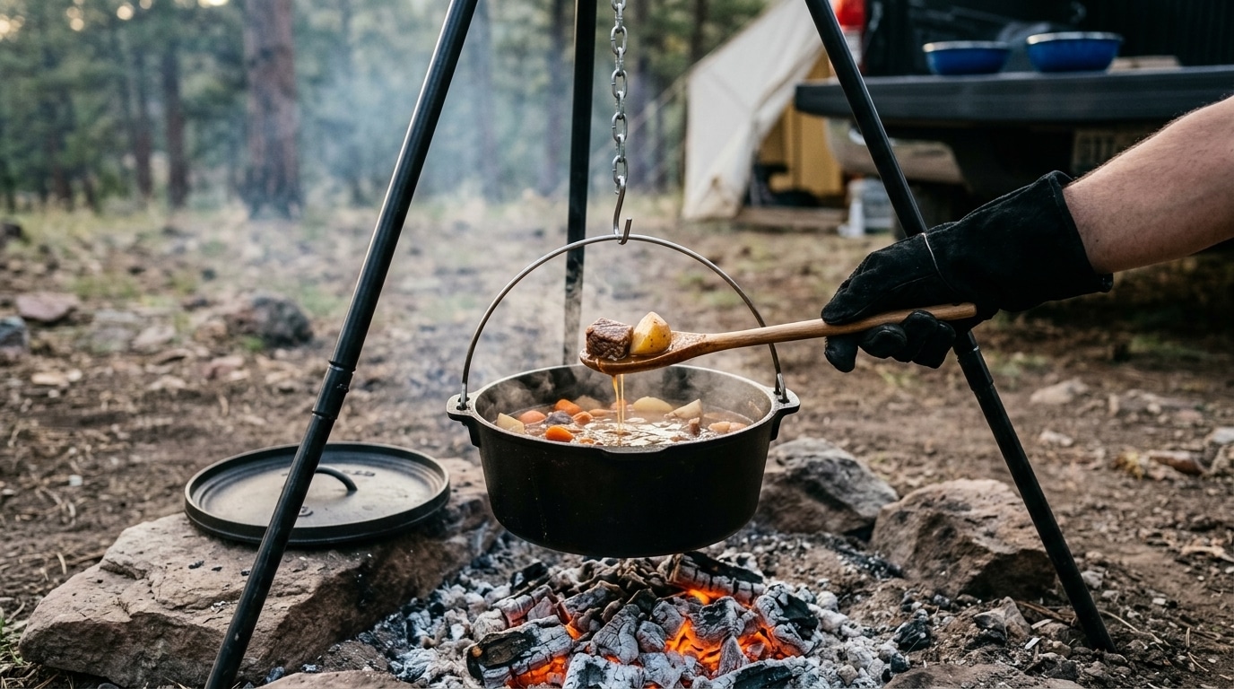 Lifting fork-tender beef from campfire tripod stew to check doneness