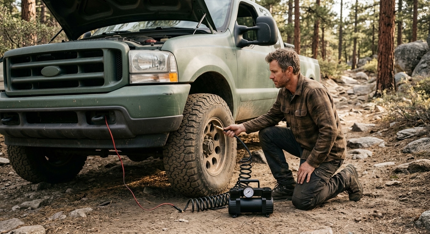 A portable 12V air compressor connected to the valve stem of a freshly plugged off-road tire on a dirt trail