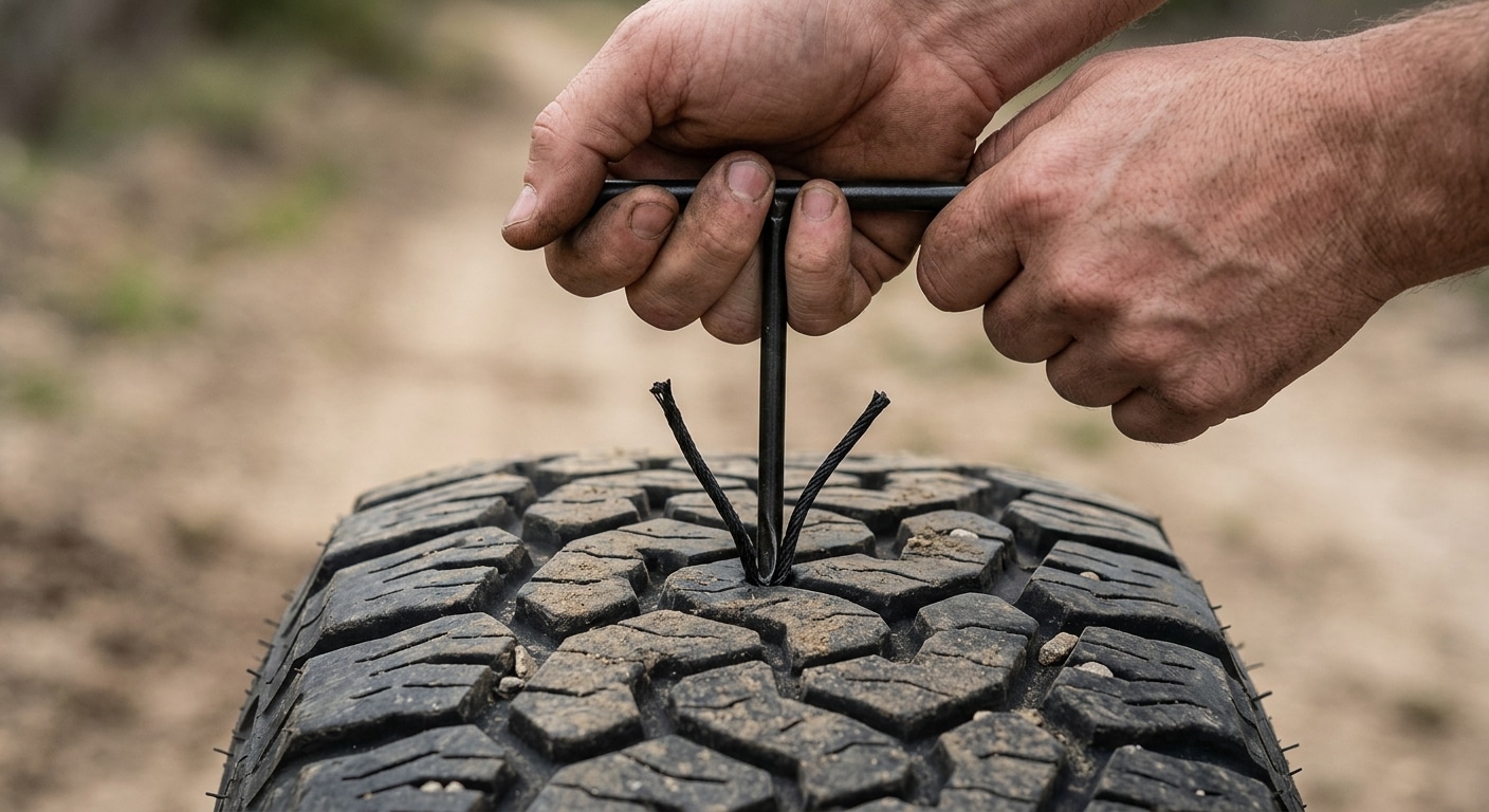 Two hands pressing a T-handle insertion tool and a self-vulcanizing cord into off-road tire tread