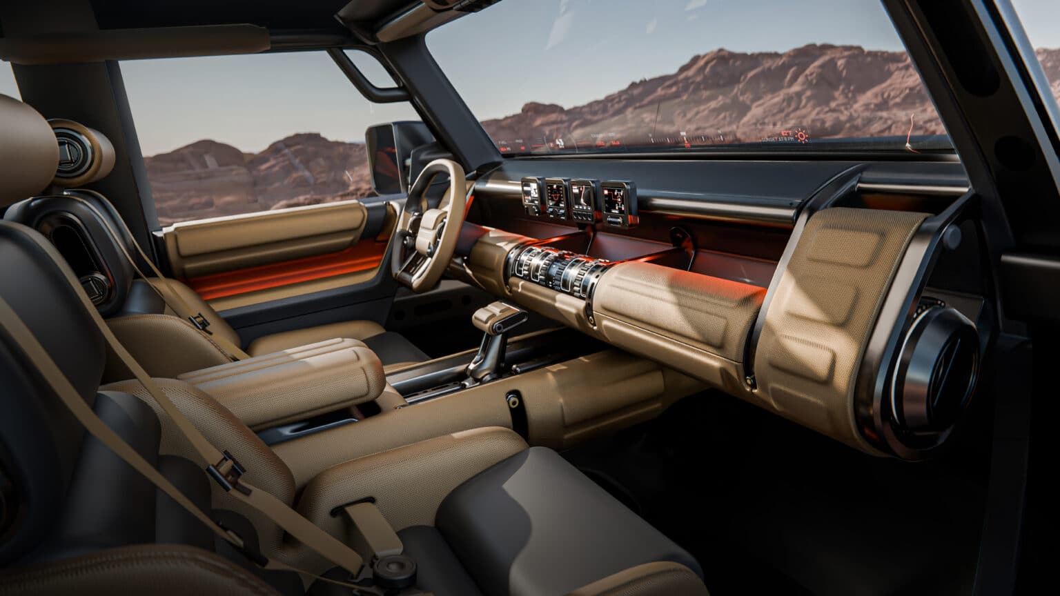 Hyundai Boulder concept interior with a horizontal dash, physical toggle switches, rotary knobs and a squared-off steering wheel