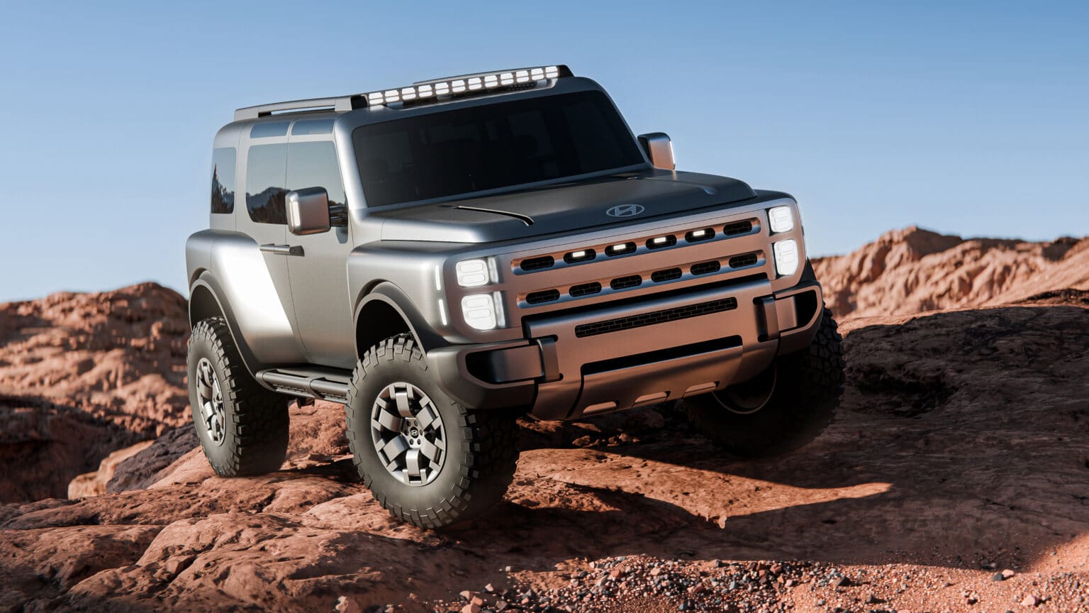 Hyundai Boulder on red desert slickrock, the body-on-frame off-road SUV with no release date announced