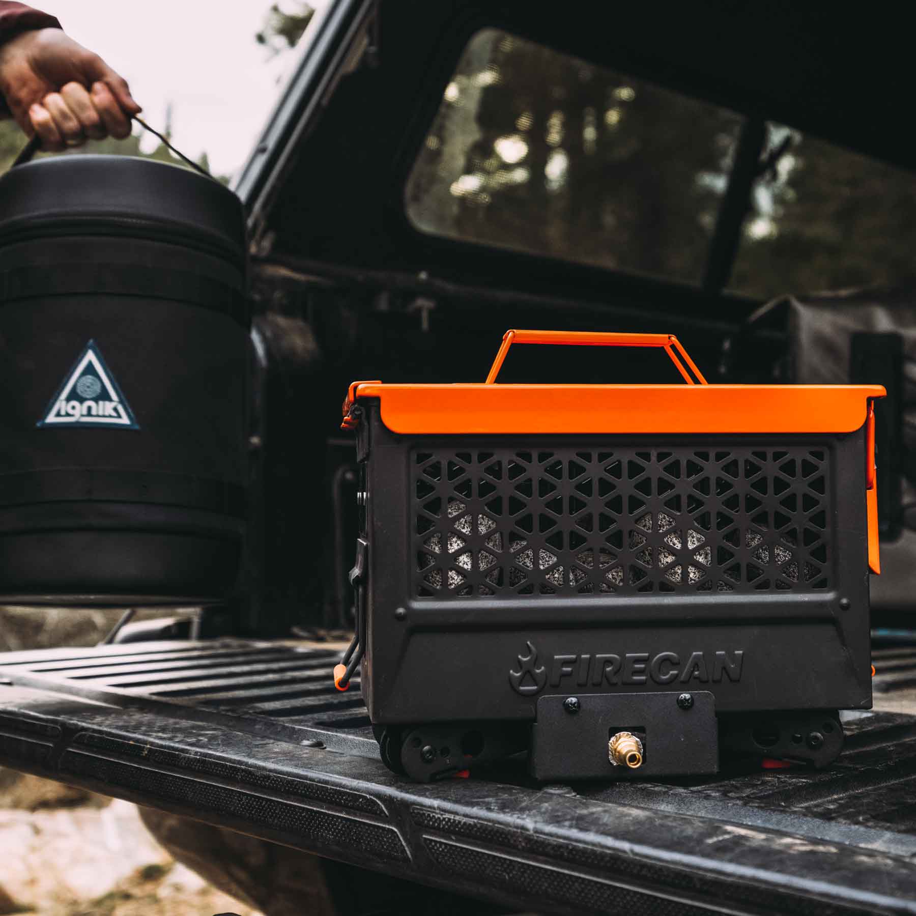 ignik firecan on truck tailgate