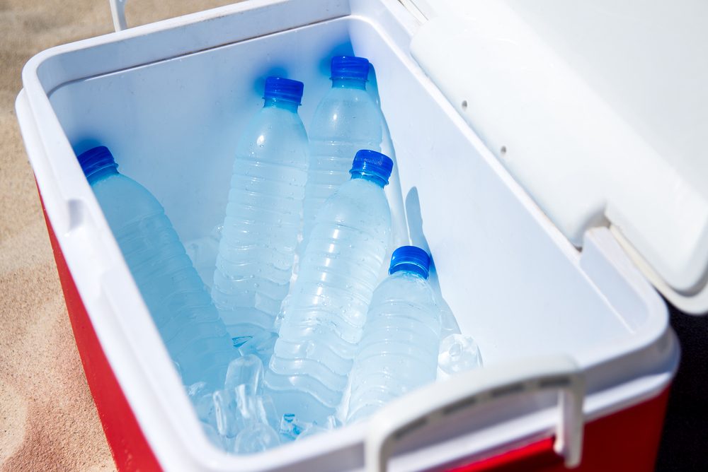 Water bottles packed in an open cooler