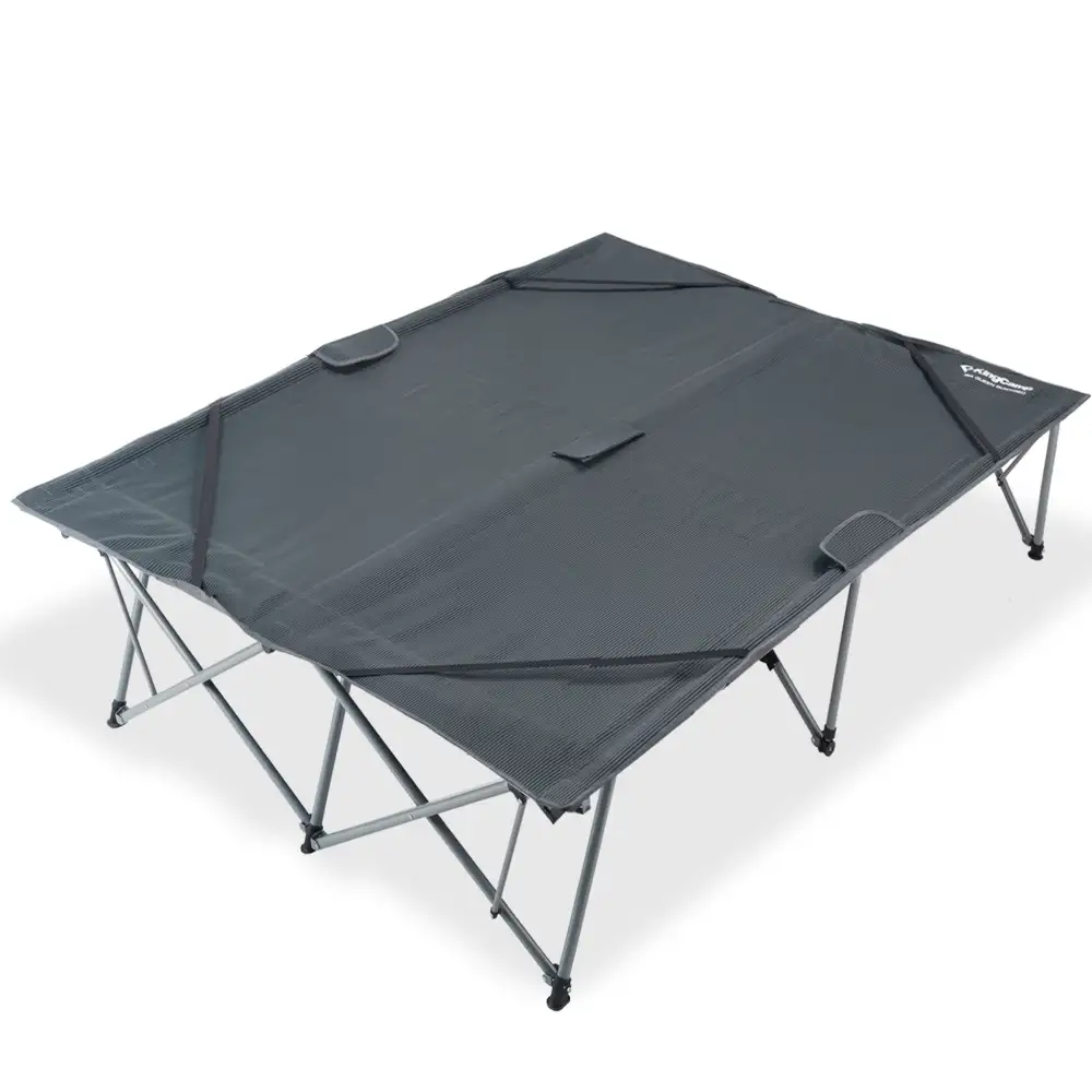 KingCamp Double Camp Cot set up, showing the queen-size deck and triangular steel supports