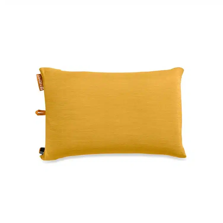 NEMO Fillo camping pillow inflated, showing the jersey cover and carry loop
