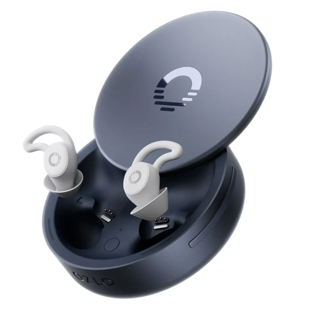 Ozlo Sleepbuds 2 in the open Smart Case, showing the flush in-ear shape