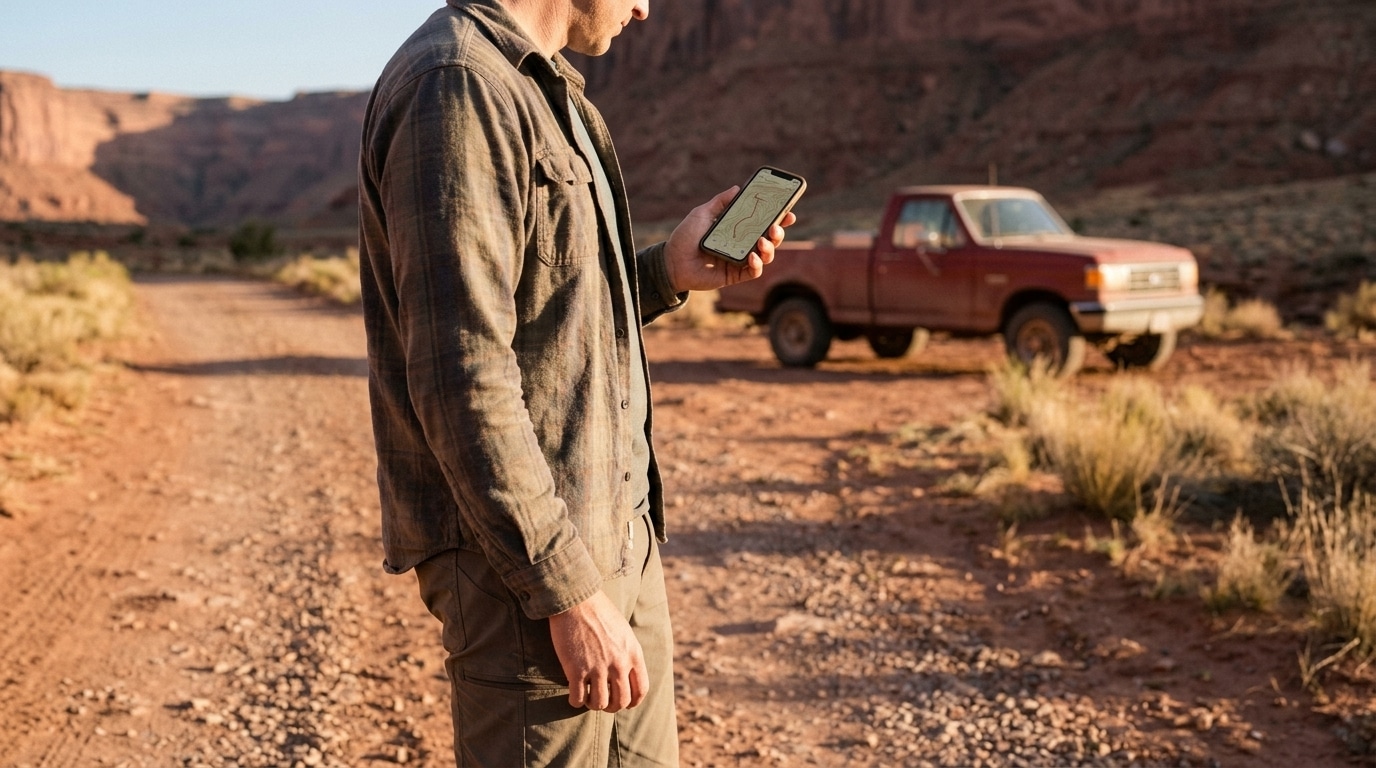 Overlander checking a topographic trail map on his phone on a remote desert two-track, pickup parked behind him