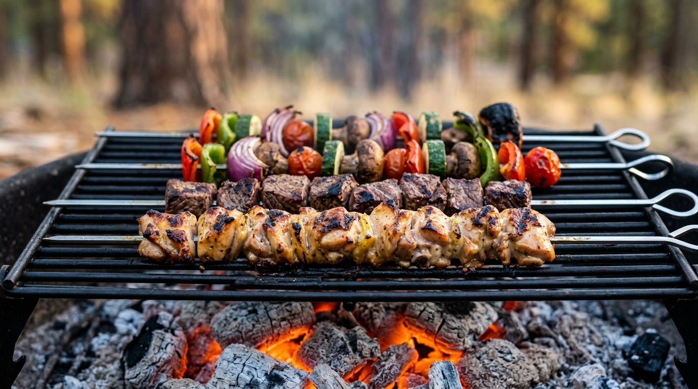 Campfire kebabs with chicken, sirloin, and vegetables on separate skewers over medium coals