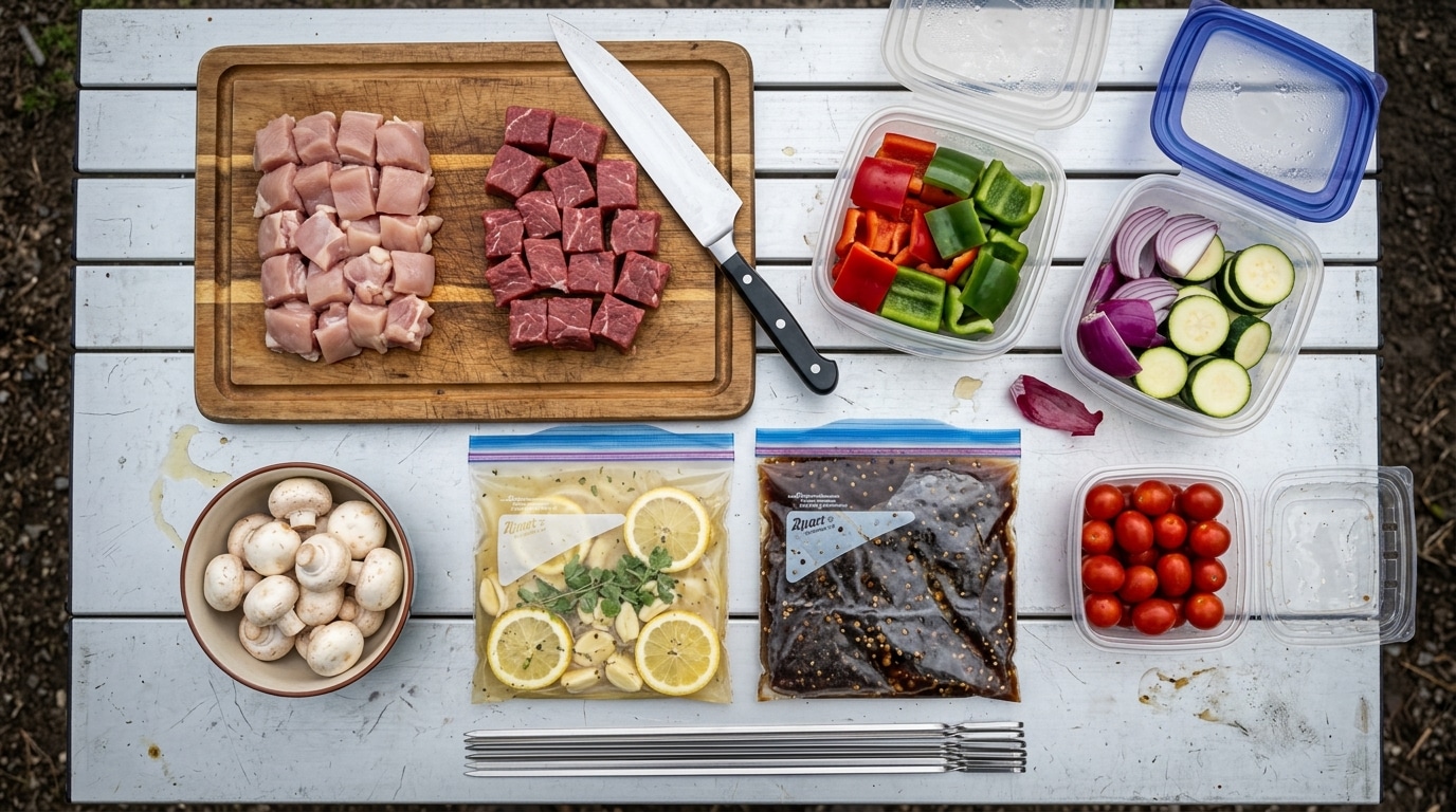 Chicken thigh, sirloin, and vegetables cut into uniform cubes for campfire kebabs