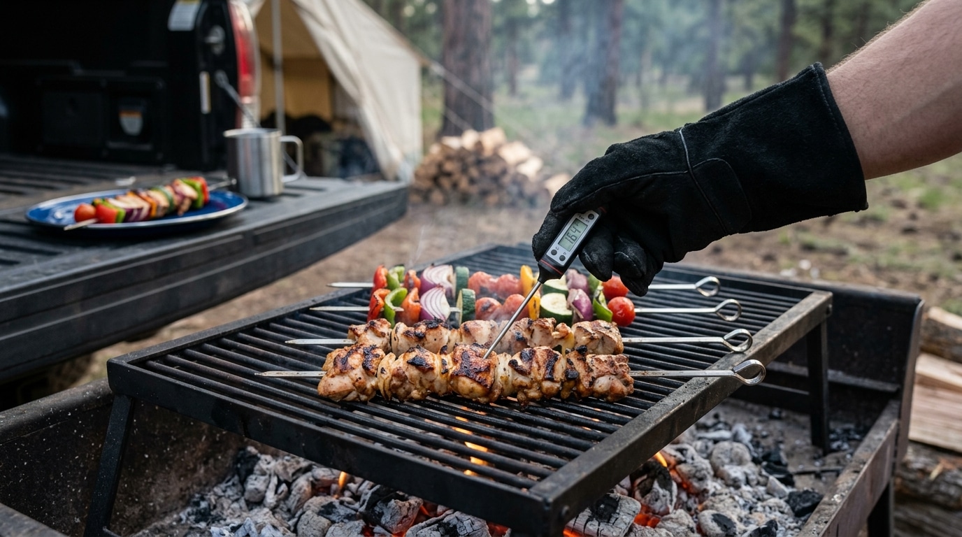 Probing a chicken campfire kebab to 165F on the grate over medium coals