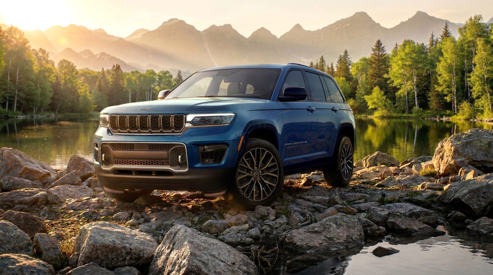 2027 Jeep Grand Cherokee Overland front three-quarter view near water