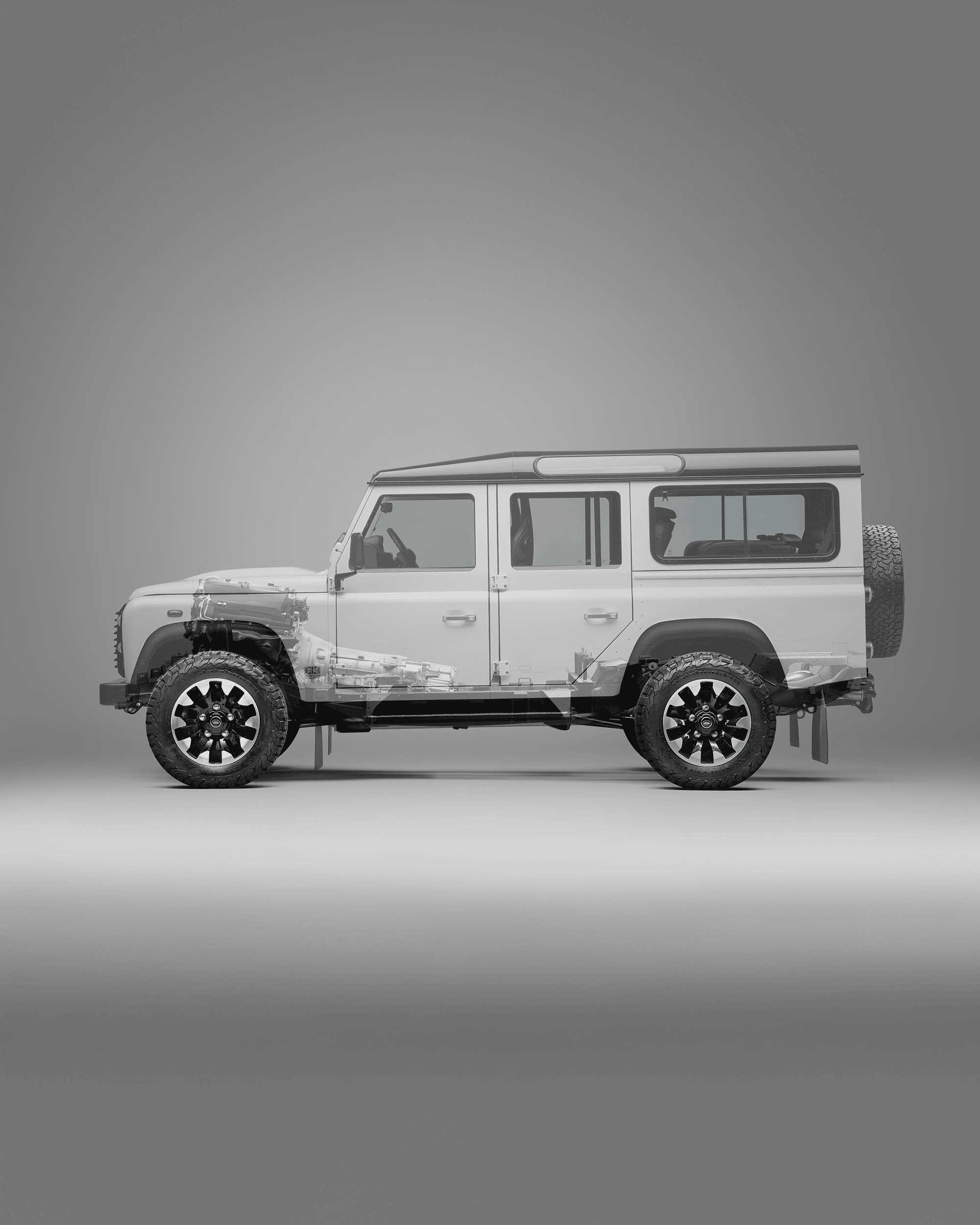 Classic Defender Works V8 Conversion Classic Defender 110 side view from the Land Rover Classic Defender V8 conversion program