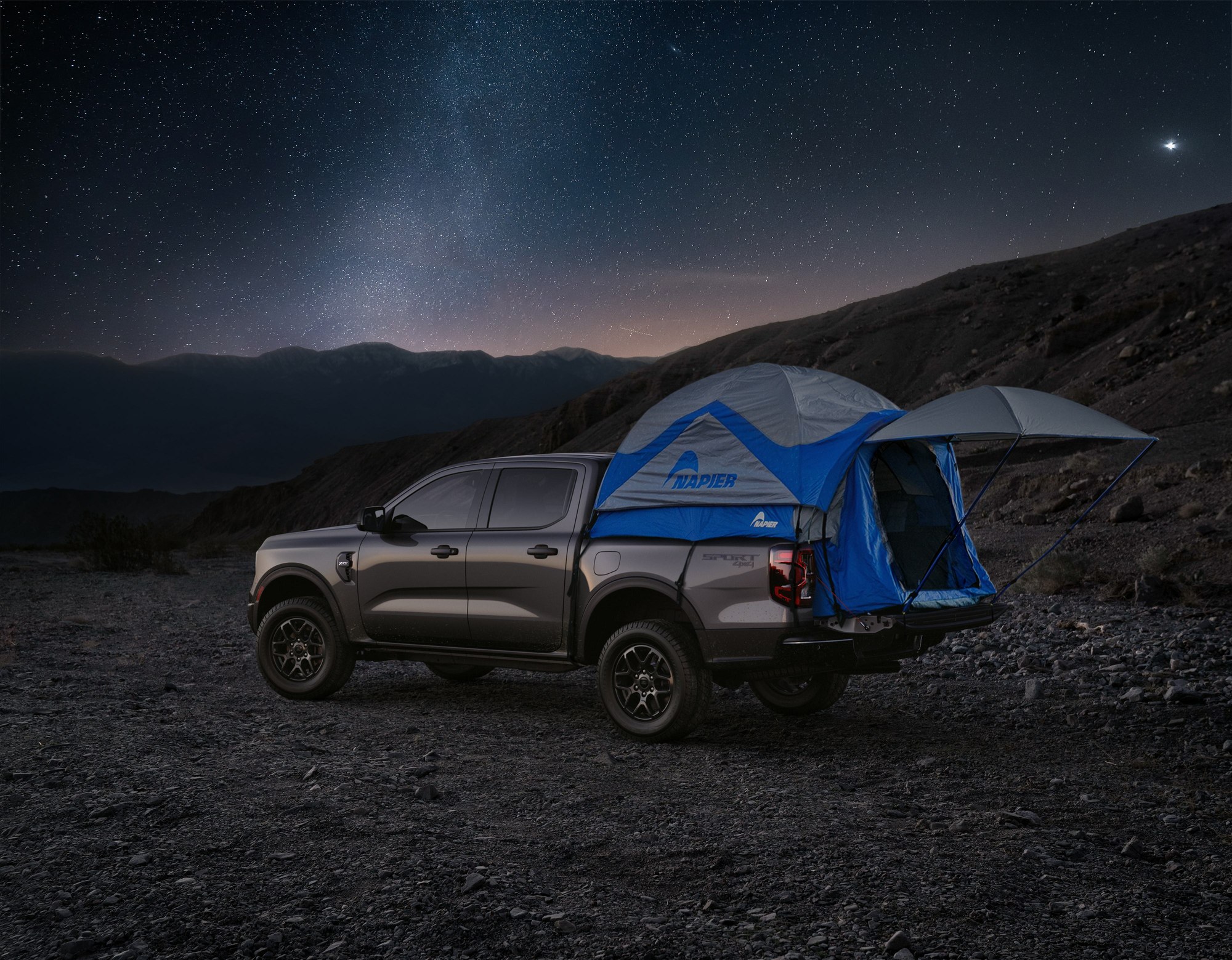 2026 Ford Ranger XLT with a bed tent Ford Ranger recall owners should check the VIN of this 2026 Ranger XLT, shown with a bed tent at a night camp