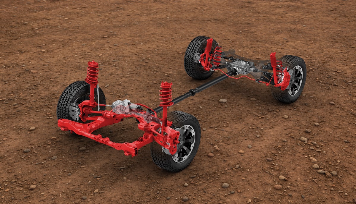 2027 Passport TrailSport chassis rendering Chassis rendering of the 2027 Passport TrailSport with redesigned suspension components shown in red