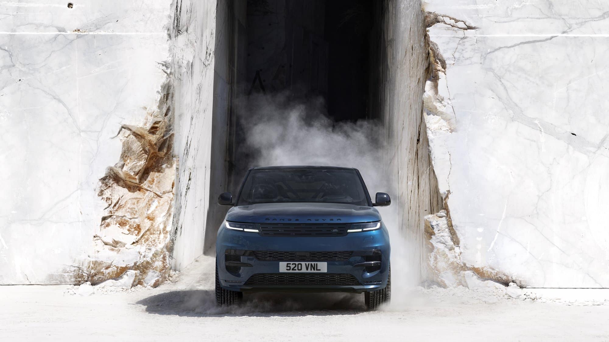 Electric Range Rover Sport driving in the Carrara marble quarries during its final test