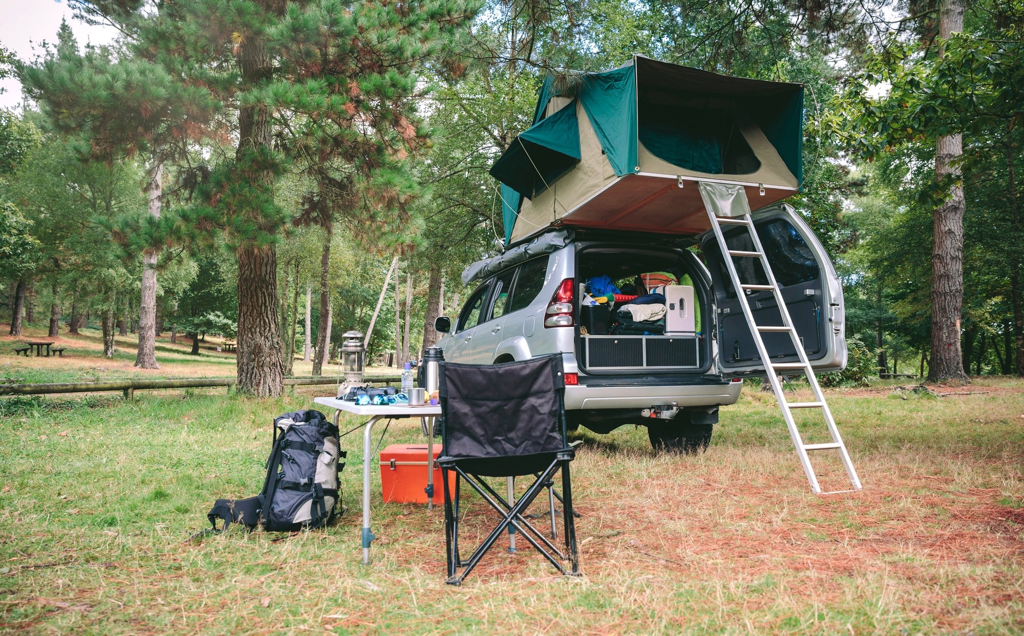 Rooftop tent open on a 4x4 at a forest campsite