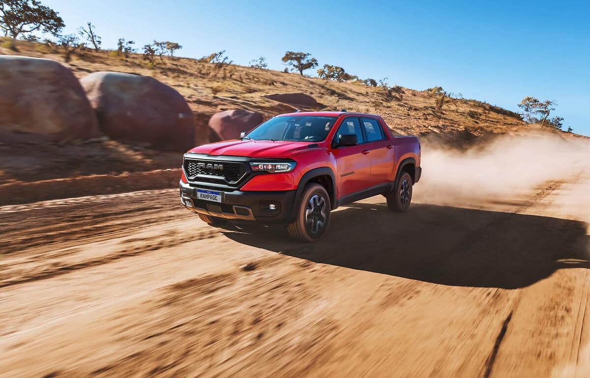 Ram Rampage Rebel press photo Ram Rampage Rebel unibody compact pickup in an off-road setting