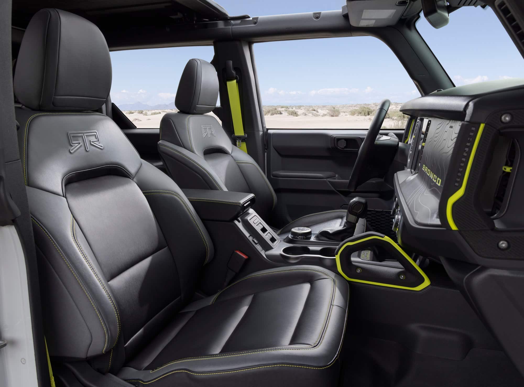 2027 Ford Bronco RTR cabin with Hyper Lime interior details