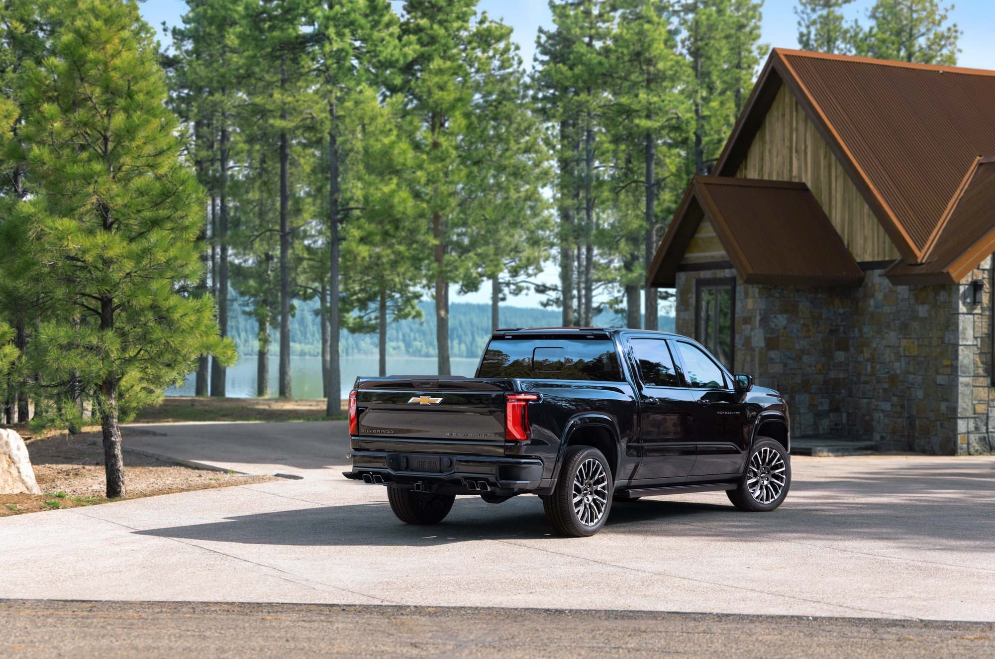 2027 Chevrolet Silverado 1500 High Country in Black, rear three-quarter view