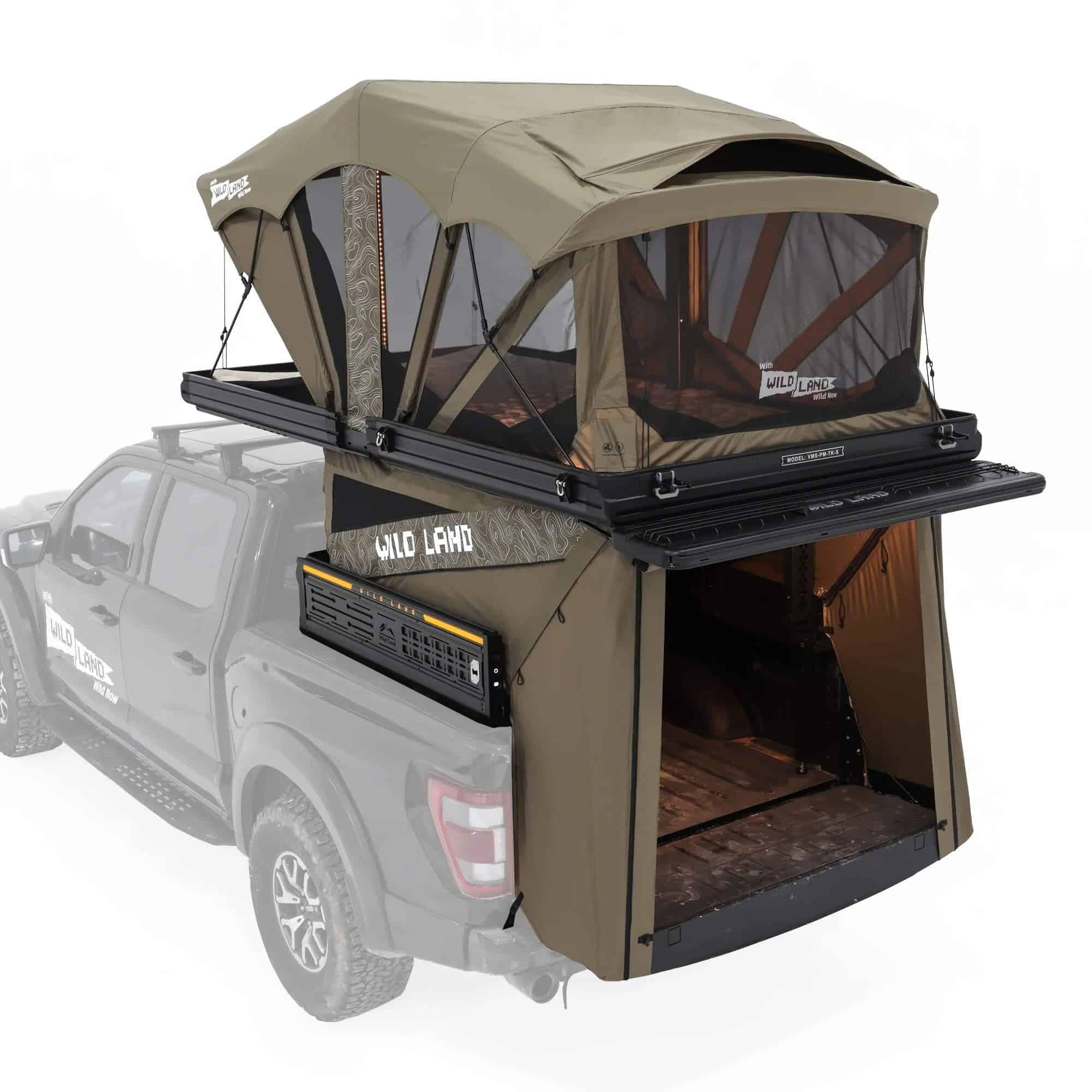 PickupMate Trunk open PickupMate Trunk bed camper open on a pickup, with both levels raised