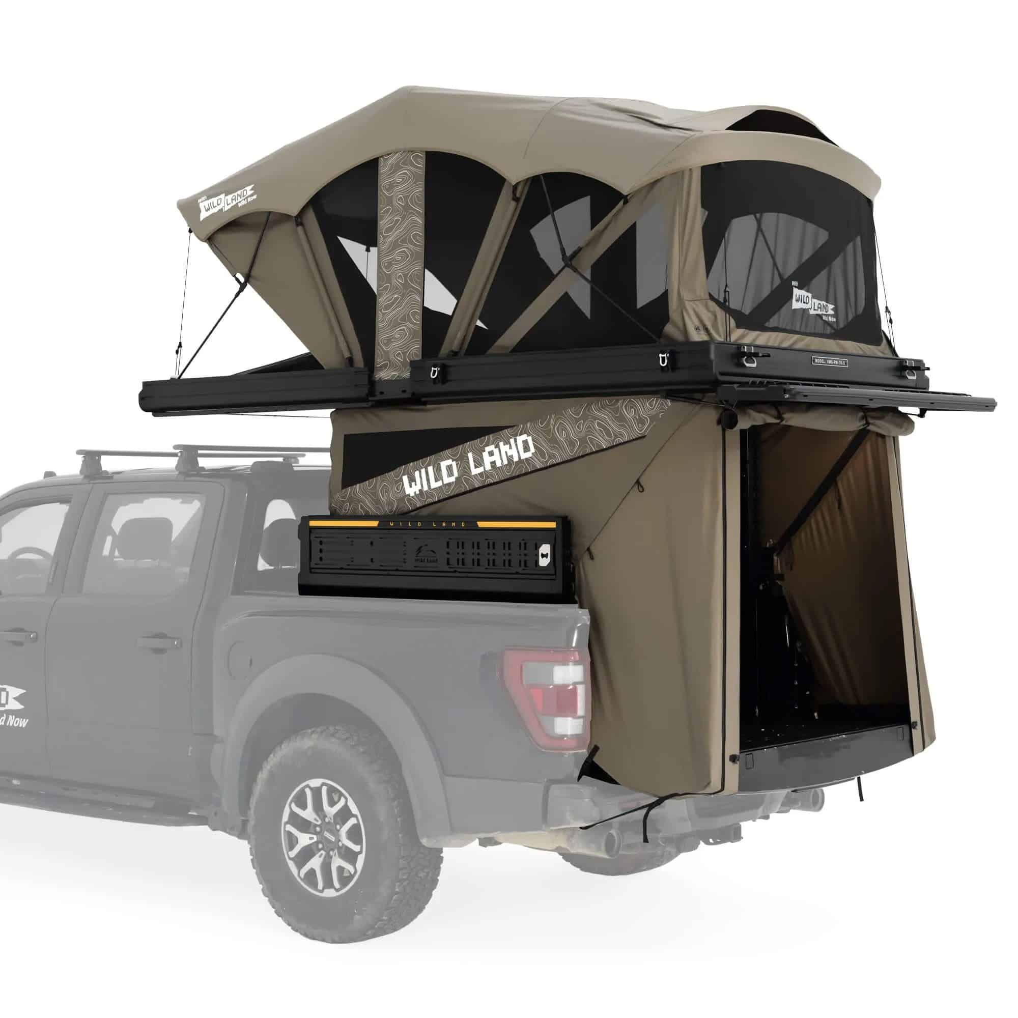 PickupMate Trunk rear view Rear view of the PickupMate Trunk camper open in a pickup bed