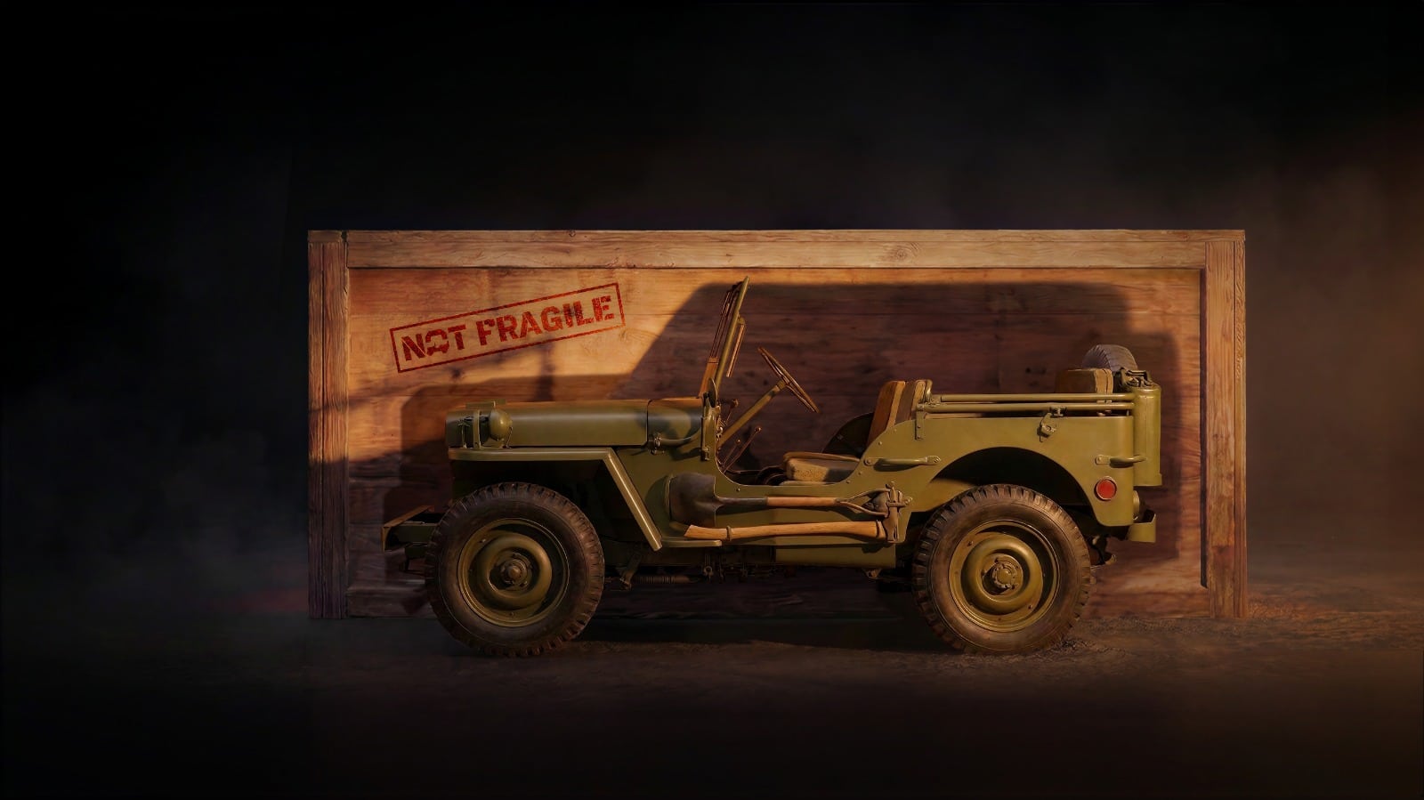 Jeep Willys image from the Paris announcement Classic olive-green Jeep Willys in front of a wooden crate, from Jeep's Road to 2030 announcement