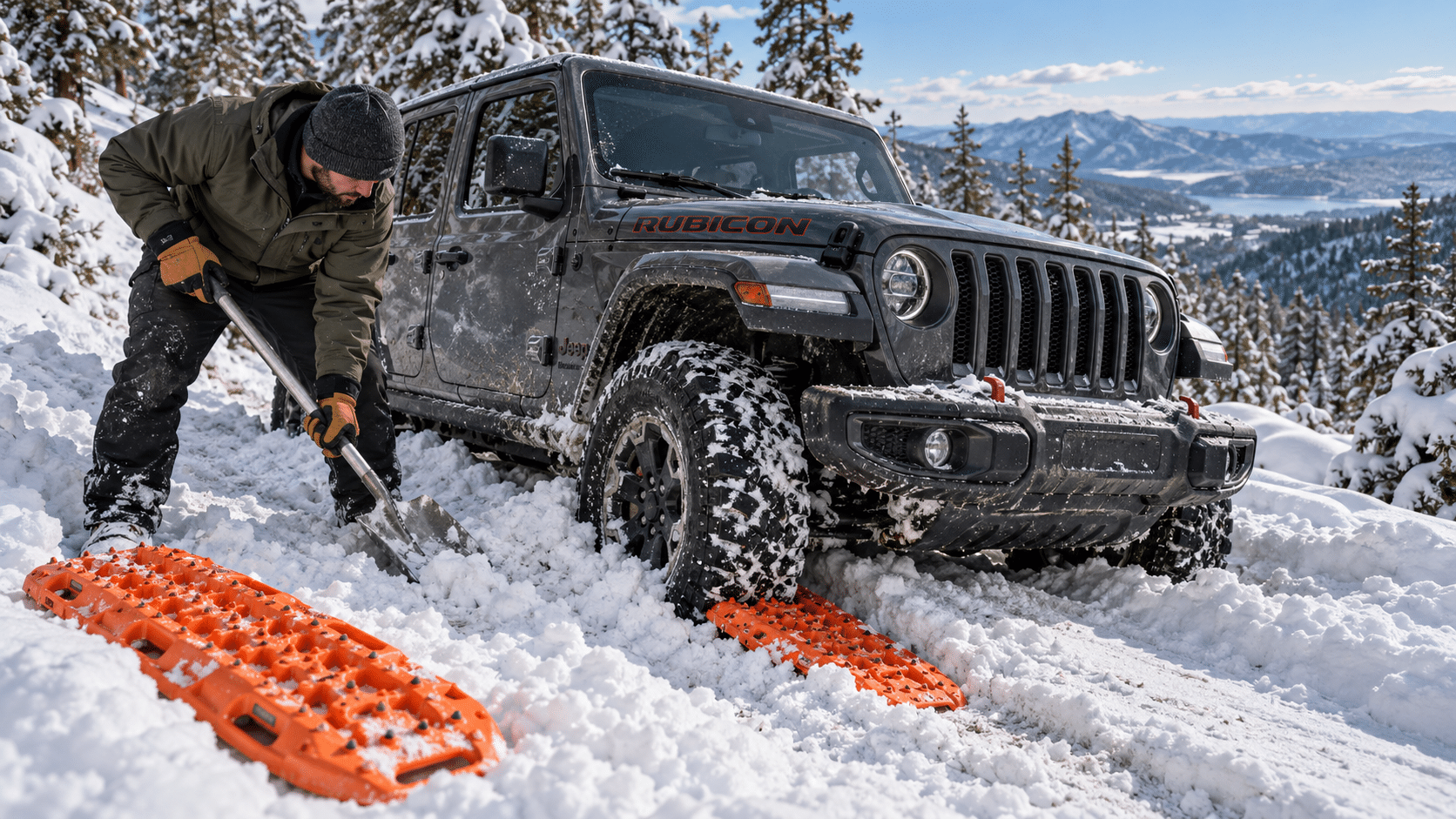 Driver wearing insulated gloves shovels snow beside a gray Jeep Wrangler Rubicon, with orange traction boards positioned near the front tire on a snowy mountain trail.