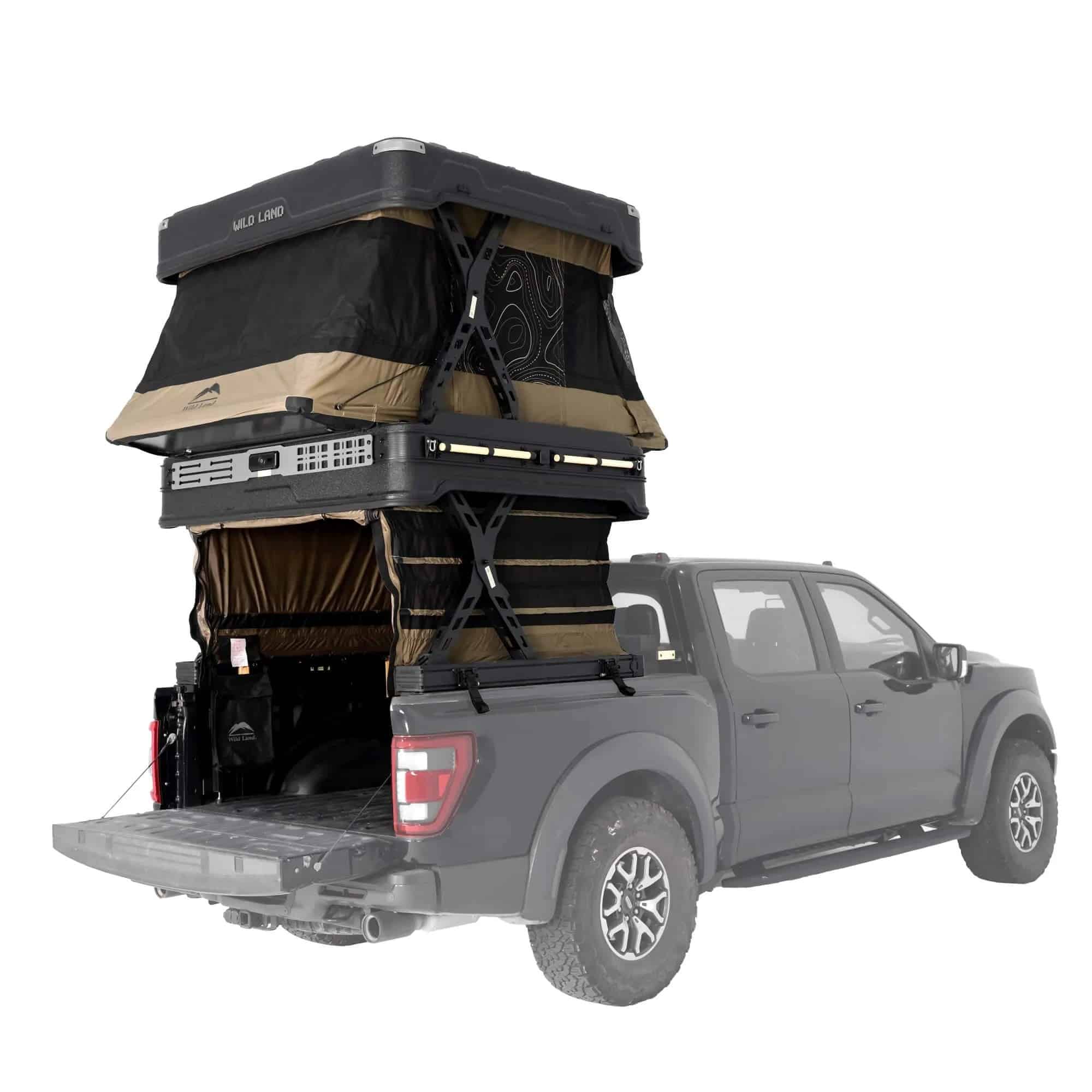 Wingman X camper fully deployed on a gray full-size pickup, rear three-quarter view